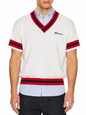 Vintage Riva Knit Cricket Sweater Vest White Red Navy V-Neck Short Sleeve
